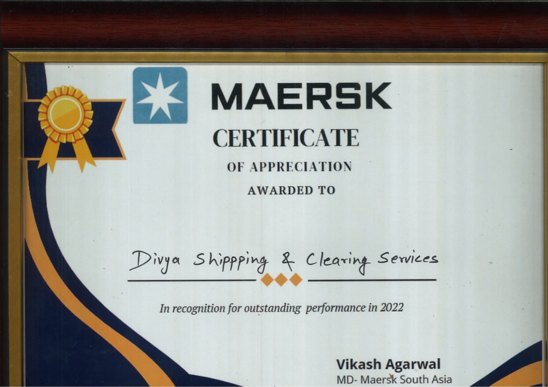 MAERSK Certificate of Appreciation 2022